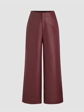FAUX LEATHER MID RISE SOLID POCKET STRAIGHT LEG TROUSERS